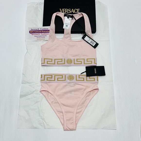Versace Medusa Greca Border Racer Back Bralette and Panties Set Pink 1/ XS NWT - Picture 3 of 11